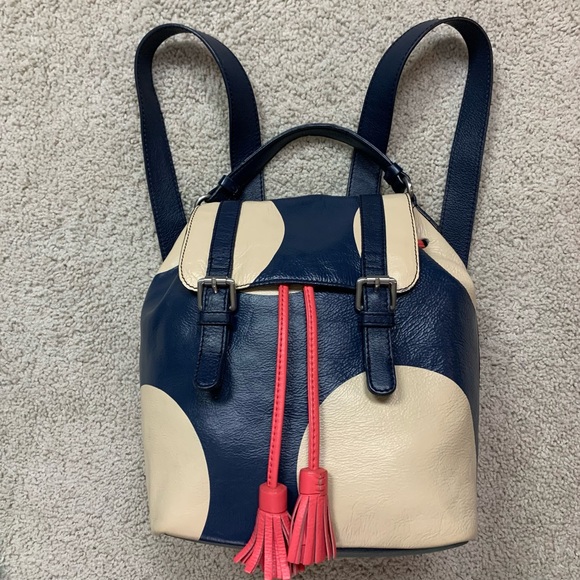 Boden Bags Boden Navy Blue Cream Leather Large Polka Dot Tassel